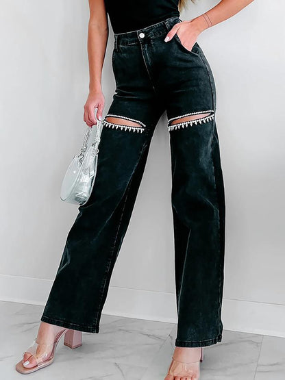 Distressed Straight Jeans with Rhinestone Accents