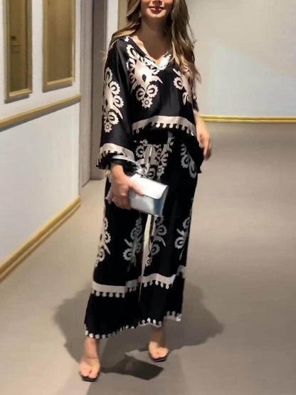 Distinctive Printed Long Sleeve Top and Irregular Hem Pants Set