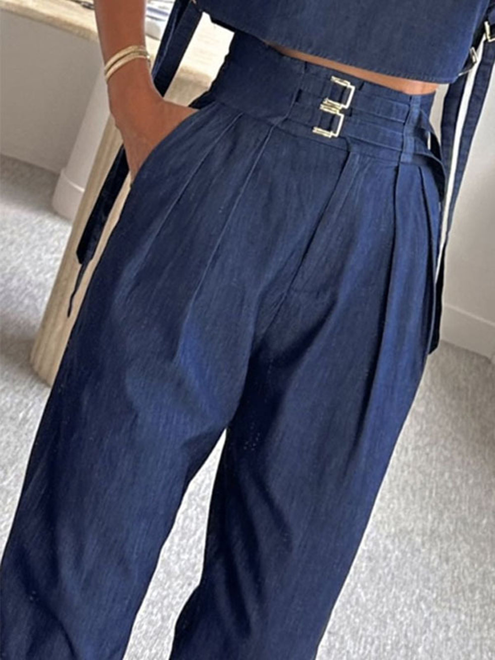 High-Neck Cut-Out Vest and Tailored Pants Set
