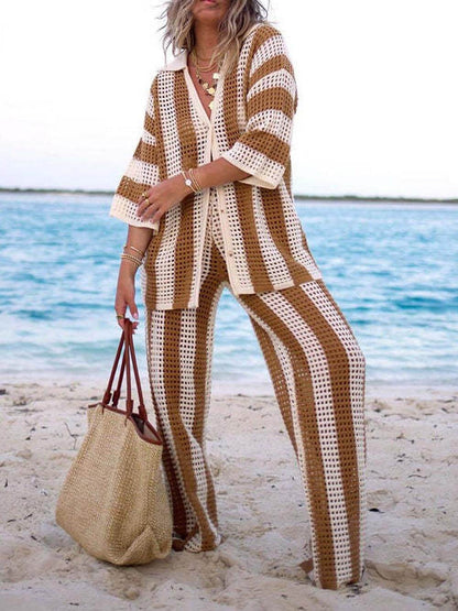 Chic Striped Wide Leg Pants Set with Loose V-Neck Hollow Out Top
