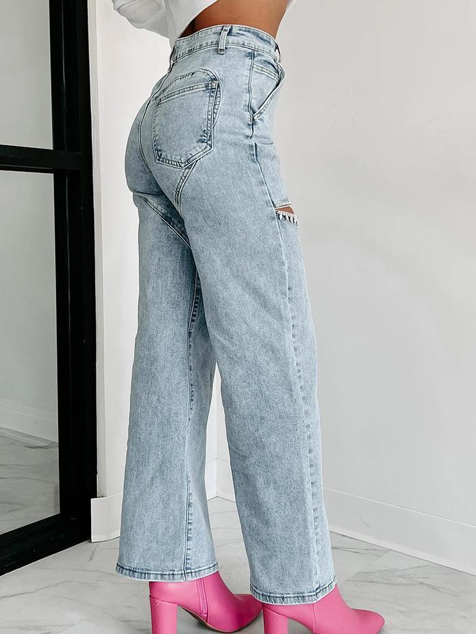 Distressed Straight Jeans with Rhinestone Accents