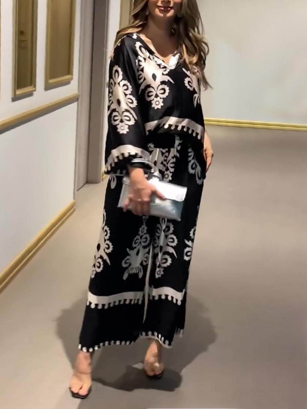 Distinctive Printed Long Sleeve Top and Irregular Hem Pants Set