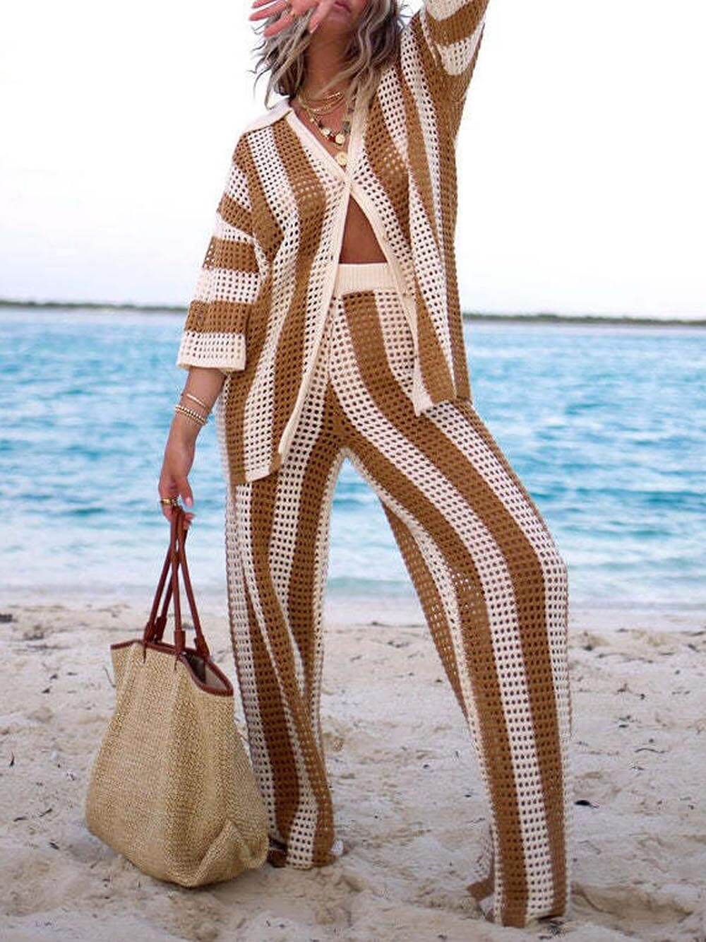 Chic Striped Wide Leg Pants Set with Loose V-Neck Hollow Out Top