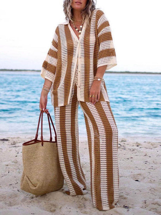 Chic Striped Wide Leg Pants Set with Loose V-Neck Hollow Out Top
