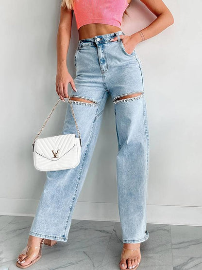 Distressed Straight Jeans with Rhinestone Accents