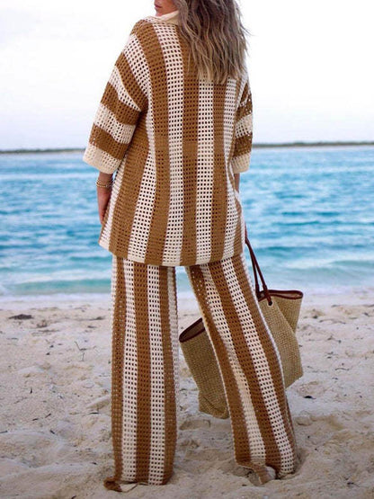 Chic Striped Wide Leg Pants Set with Loose V-Neck Hollow Out Top