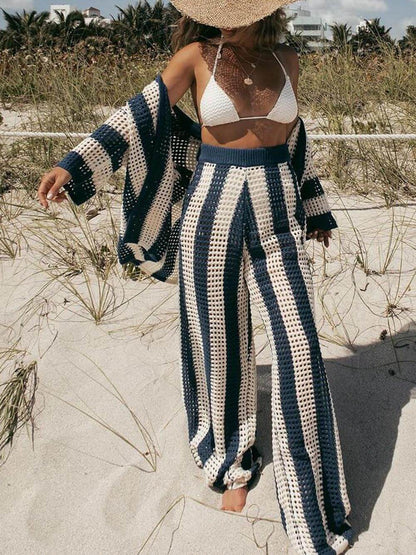 Chic Striped Wide Leg Pants Set with Loose V-Neck Hollow Out Top