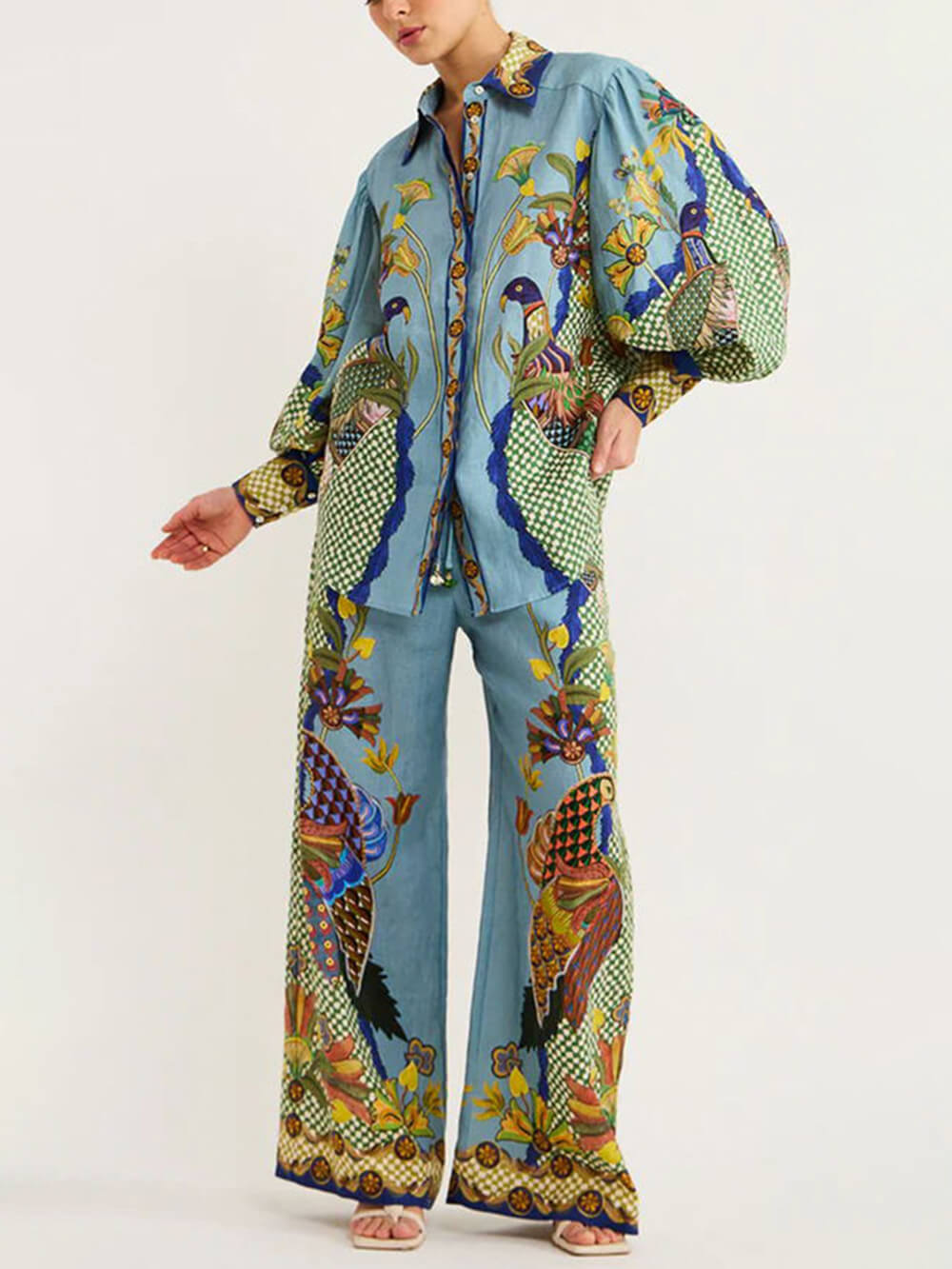 Two-Piece Set with Printed Puff Sleeve Top