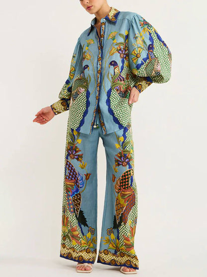 Two-Piece Set with Printed Puff Sleeve Top