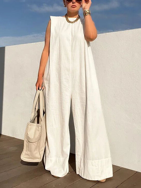 Relaxed Fit Sleeveless Round Neck Jumpsuit with Wide Leg Trousers in Solid Color