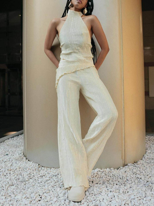 Casual Wide Leg Trousers Set with Sleeveless Halter Top and High Waist