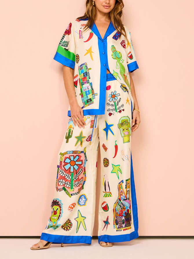 Custom Printed Color-Matching Casual Lace Wide-Leg Pants Set for Holidays