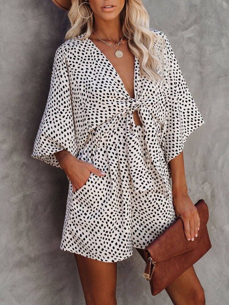 Polka Dot V-Neck Tie Romper with Pockets