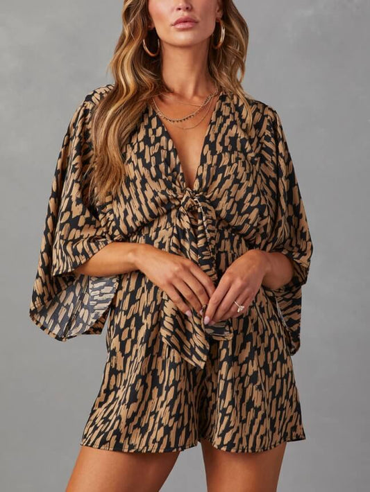 Camel V-Neck Printed Tie Romper with Pockets