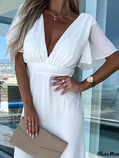 White V-Neck Mousseline Jumpsuit with Flutter Sleeves