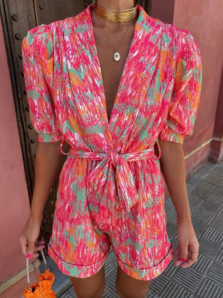 Pink Floral Puff Sleeve Candy Romper