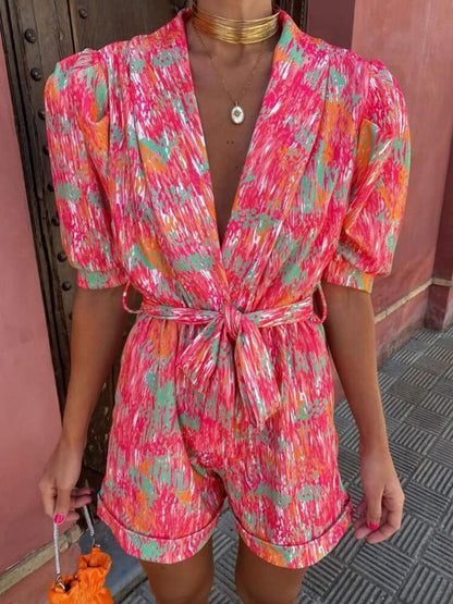 Pink Floral Puff Sleeve Candy Romper