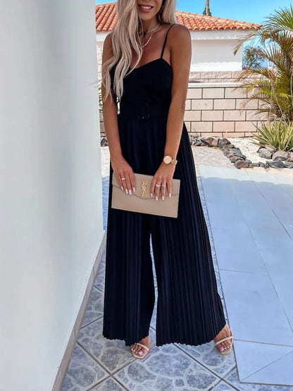 Black Strappy Jumpsuit with Wide Leg Pleats