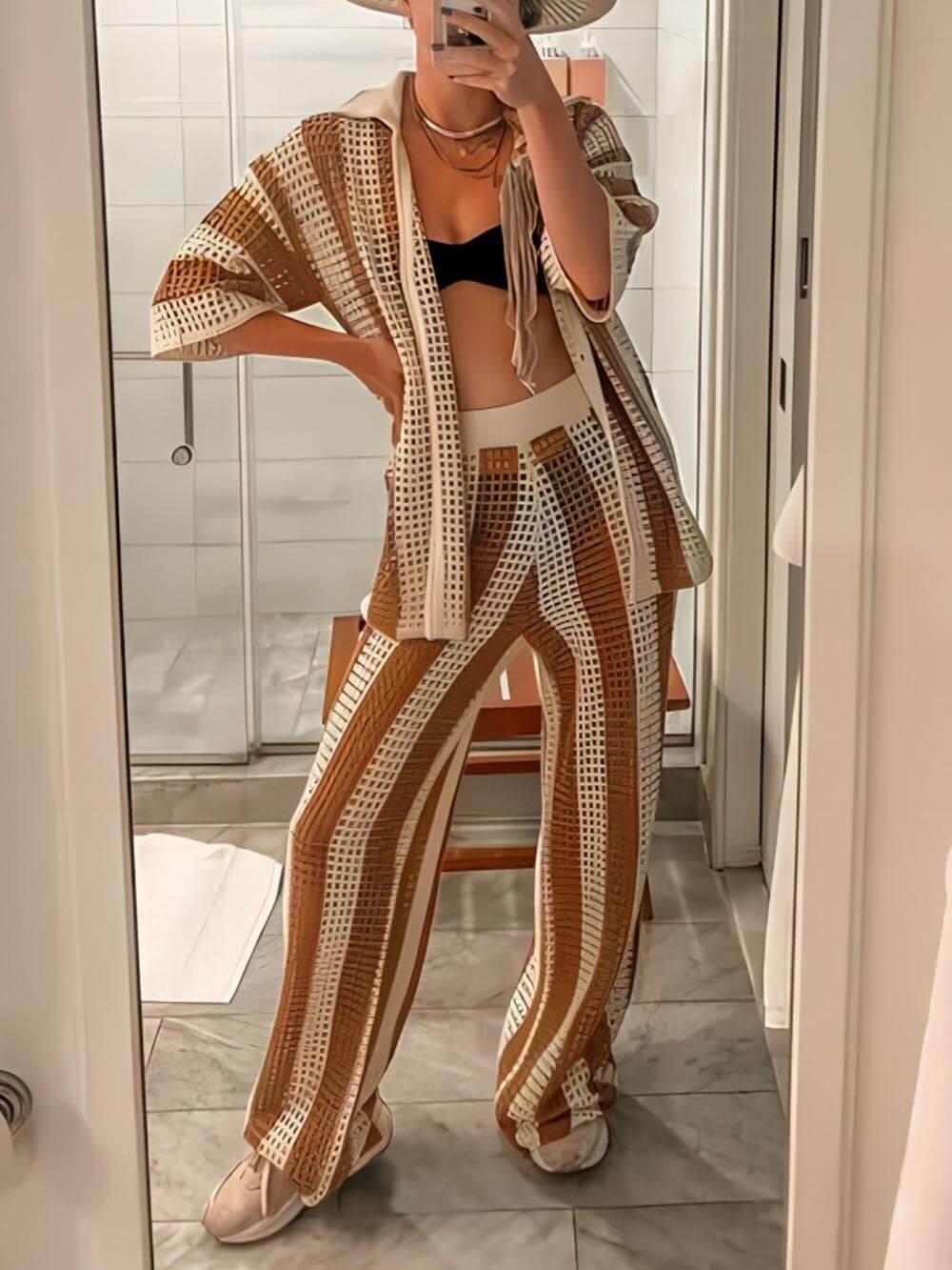 Chic Striped Wide Leg Pants Set with Loose V-Neck Hollow Out Top