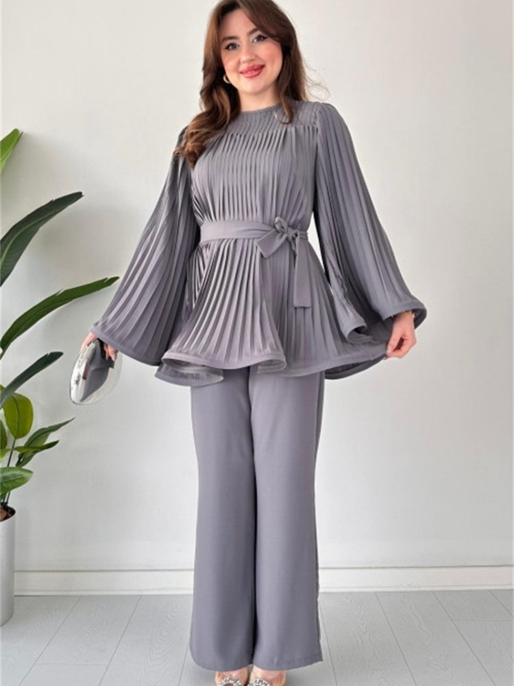 Pleated Flare Top and Pants Ensemble