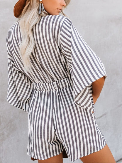 V-Neck Cotton Tie Romper with Pockets
