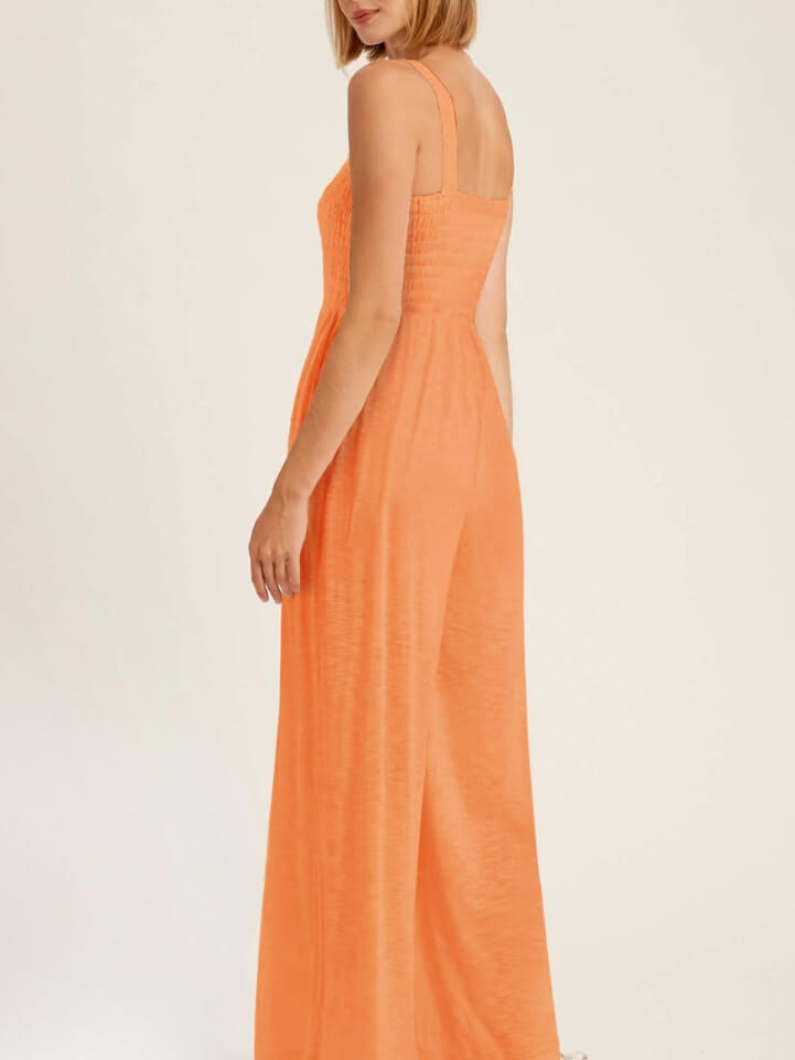 Tangerine Smocked Jumpsuit with Pockets