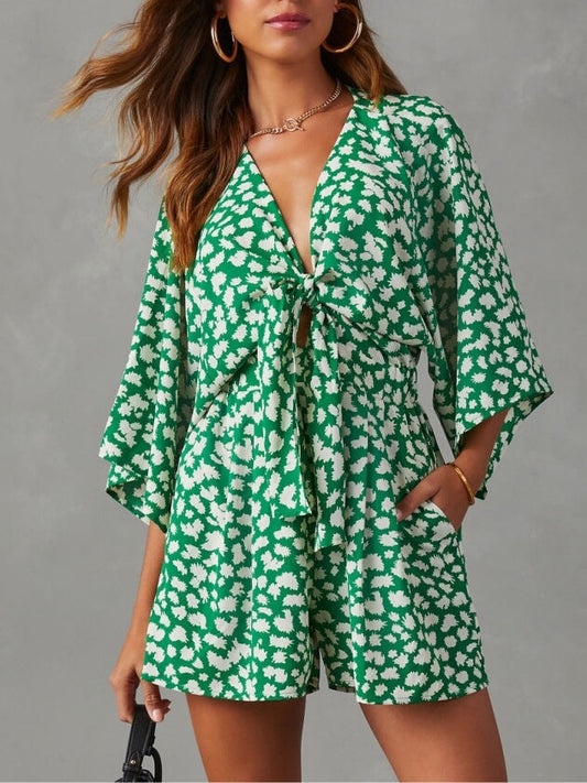 V-Neck Tie Romper with Pockets