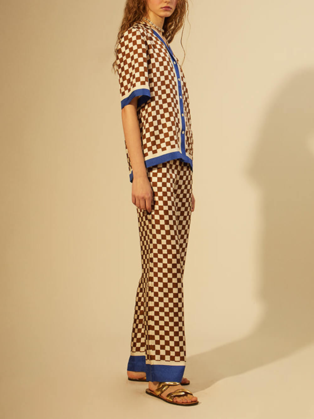 Distinctive Blue Stripe Checkerboard Print Loose-Fit Elastic Pants Set