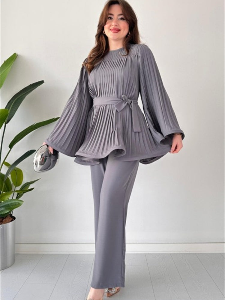 Pleated Flare Top and Pants Ensemble