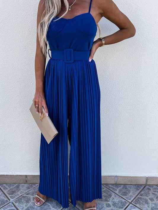 Cobalt Blue Strappy Jumpsuit with Wide Leg Pleated Design
