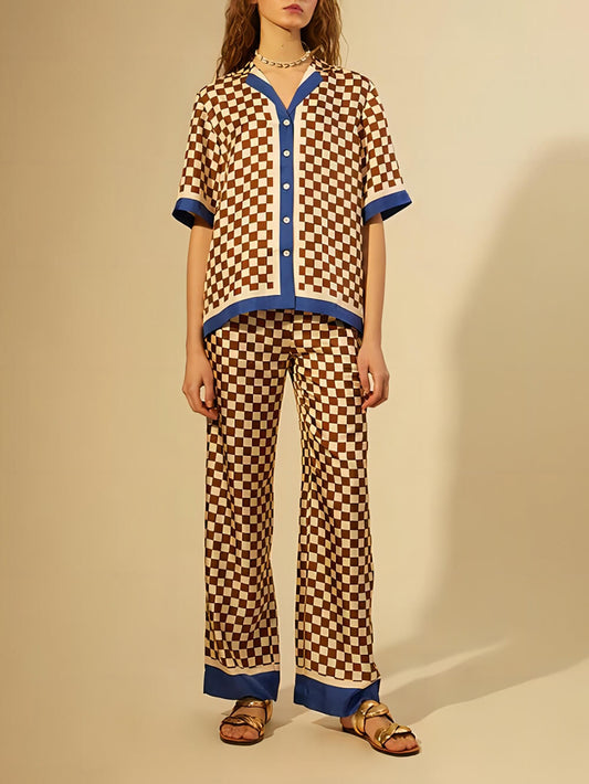Distinctive Blue Stripe Checkerboard Print Loose-Fit Elastic Pants Set