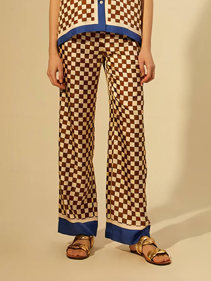 Distinctive Blue Stripe Checkerboard Print Loose-Fit Elastic Pants Set