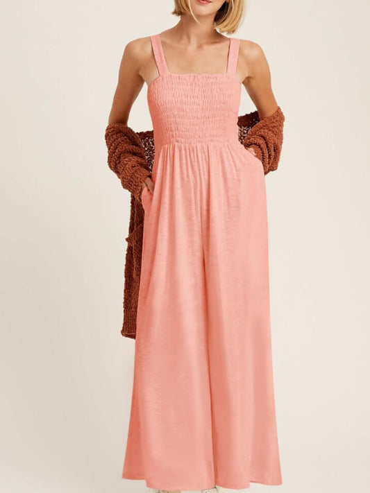 Peach Smocked Jumpsuit with Pockets