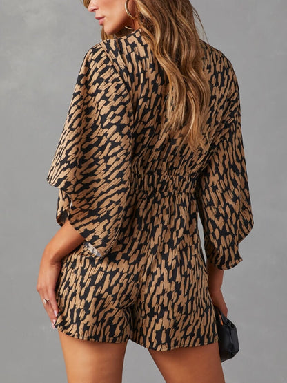 Camel V-Neck Printed Tie Romper with Pockets