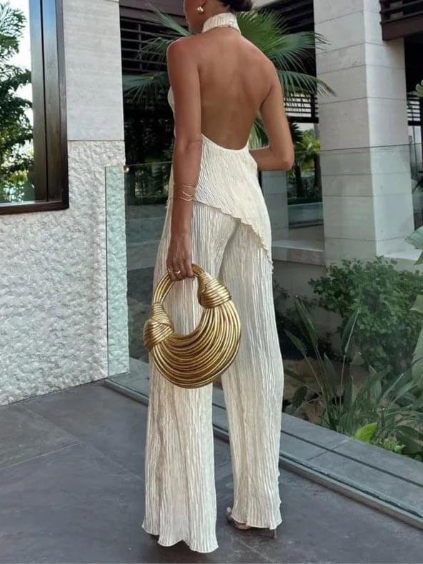Casual Wide Leg Trousers Set with Sleeveless Halter Top and High Waist