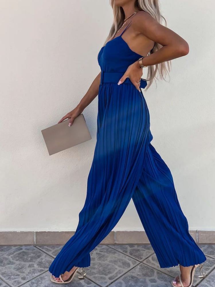 Cobalt Blue Strappy Jumpsuit with Wide Leg Pleated Design