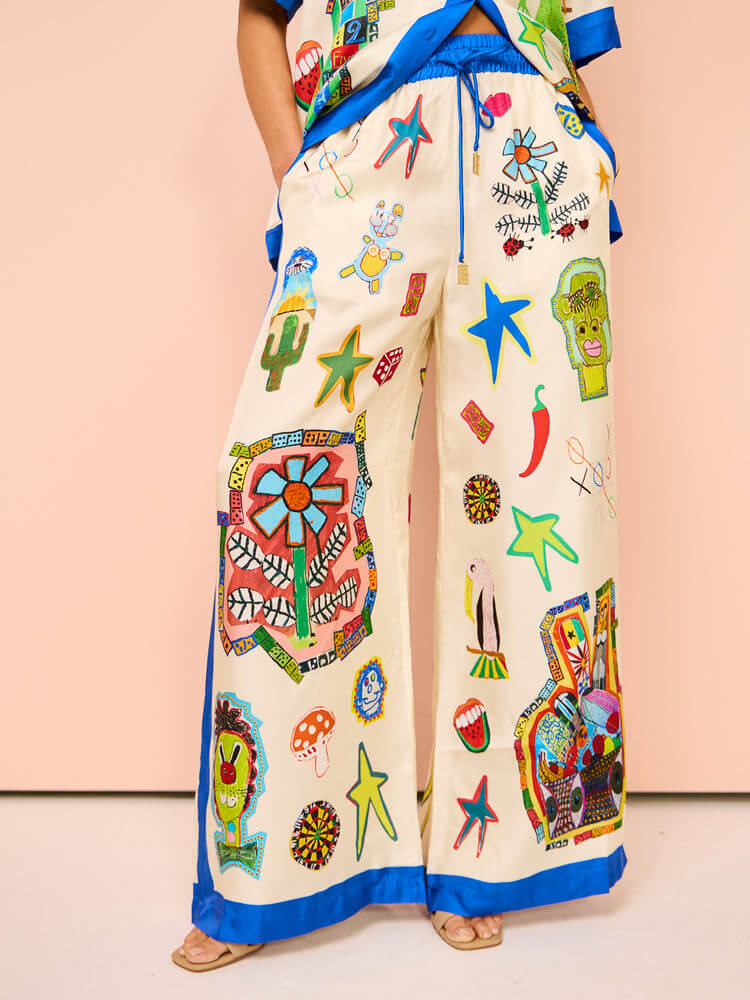 Custom Printed Color-Matching Casual Lace Wide-Leg Pants Set for Holidays
