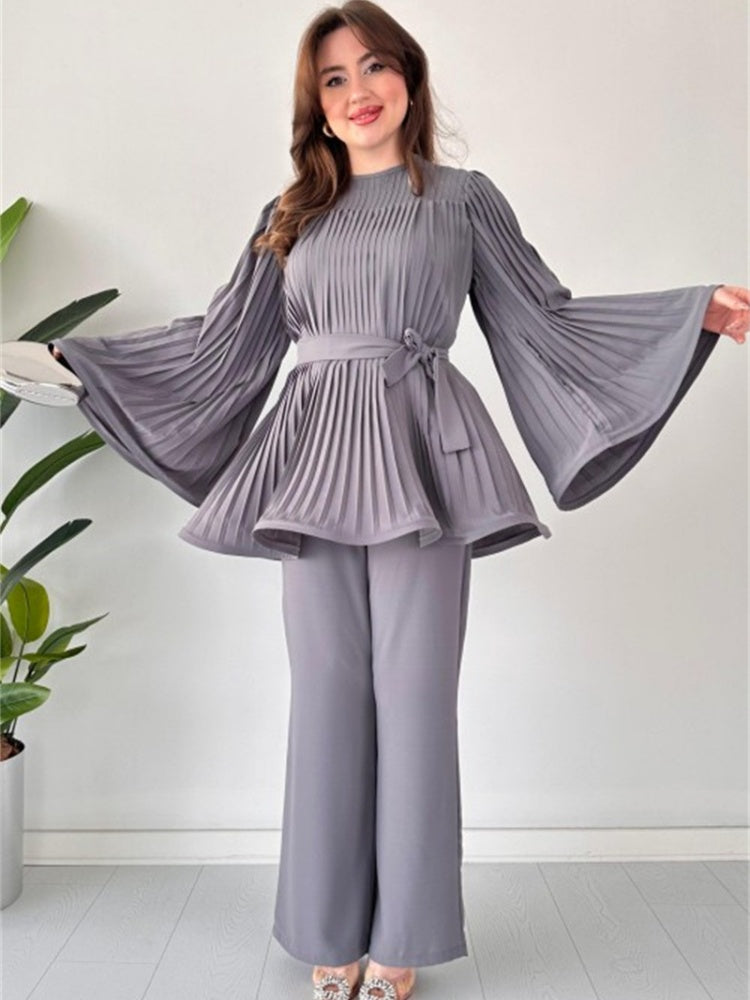 Pleated Flare Top and Pants Ensemble