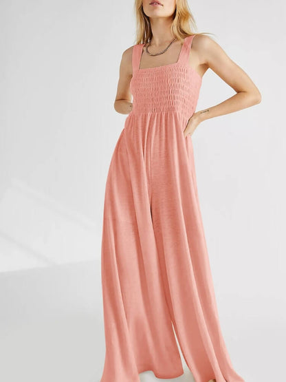 Peach Smocked Jumpsuit with Pockets