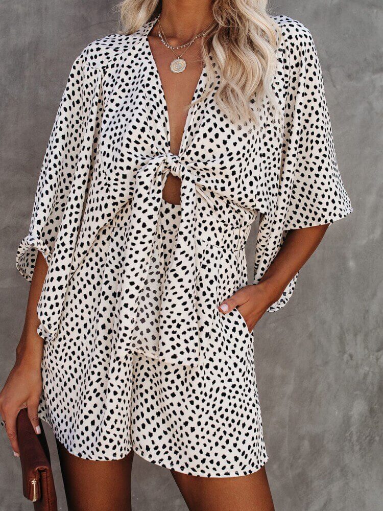 Polka Dot V-Neck Tie Romper with Pockets