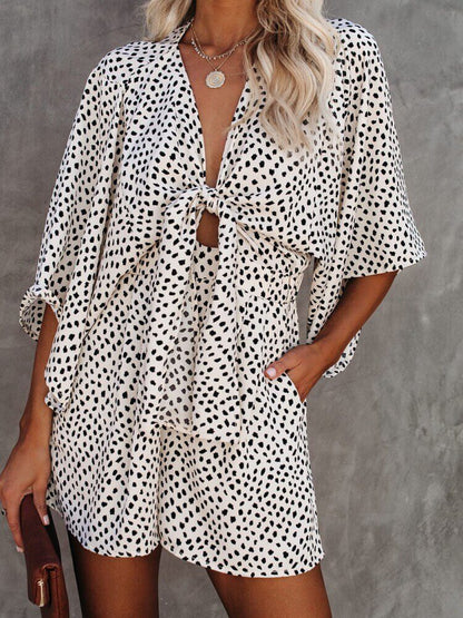 Polka Dot V-Neck Tie Romper with Pockets