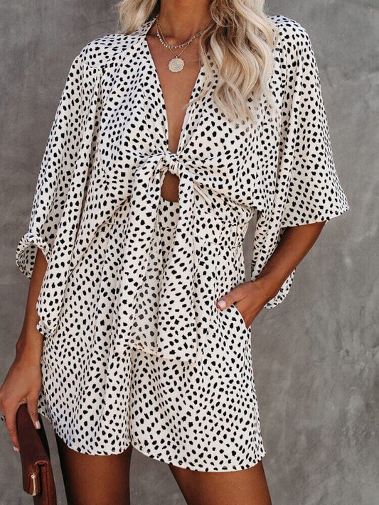 Polka Dot V-Neck Tie Romper with Pockets