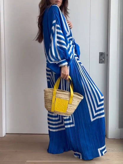 Geometric Striped Long Sleeve Shirt and Wide Leg Trouser Set
