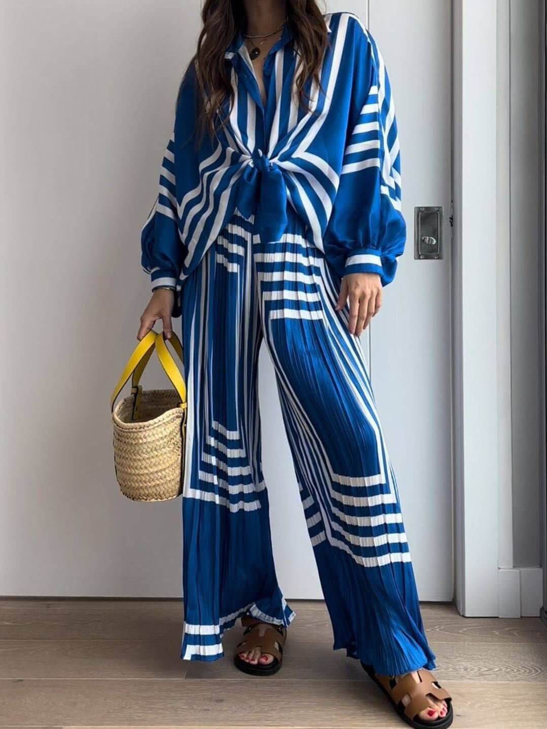 Geometric Striped Long Sleeve Shirt and Wide Leg Trouser Set