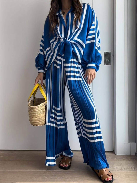 Geometric Striped Long Sleeve Shirt and Wide Leg Trouser Set
