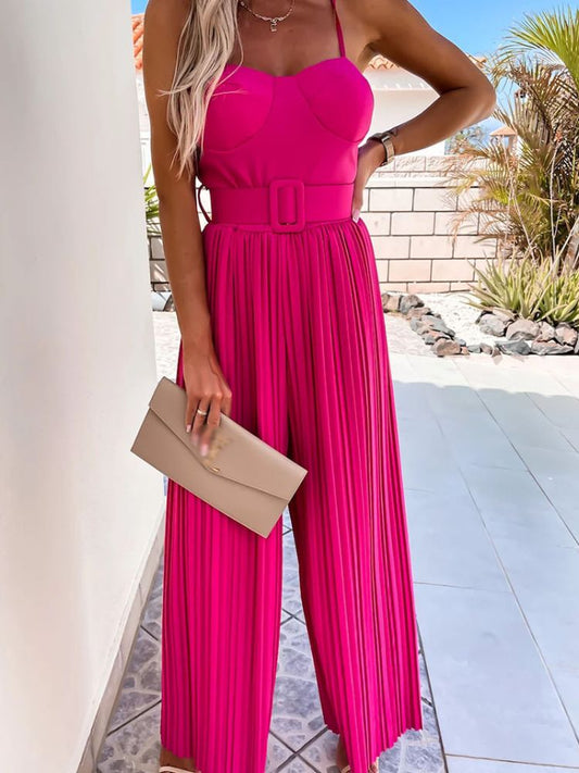 Barbie Pink Strappy Jumpsuit with Wide Leg Pleated Design