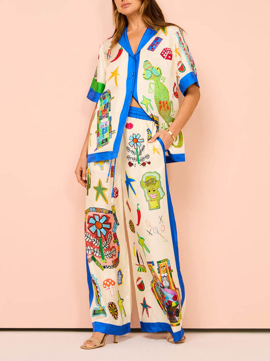 Custom Printed Color-Matching Casual Lace Wide-Leg Pants Set for Holidays