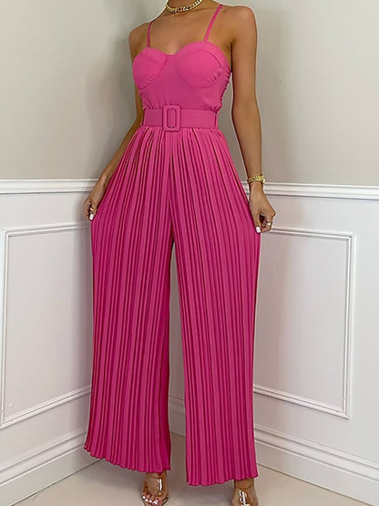 Barbie Pink Strappy Jumpsuit with Wide Leg Pleated Design
