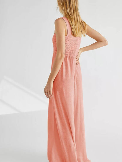 Peach Smocked Jumpsuit with Pockets