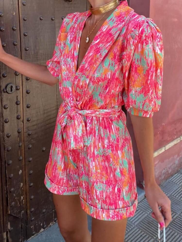 Pink Floral Puff Sleeve Candy Romper